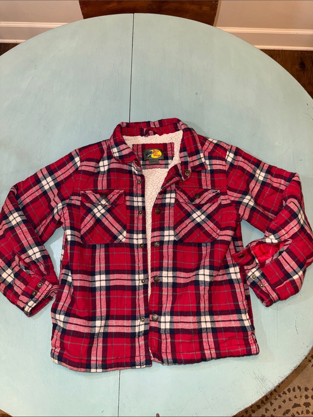 Bass Pro Shops Red Navy and White Plaid Sherpa Shirt Jacket